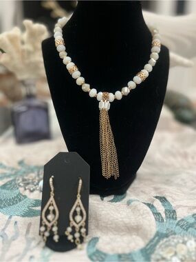 Brand New! Vintage Gold-Tone Tassel White Bead Statement Necklace and Earrings